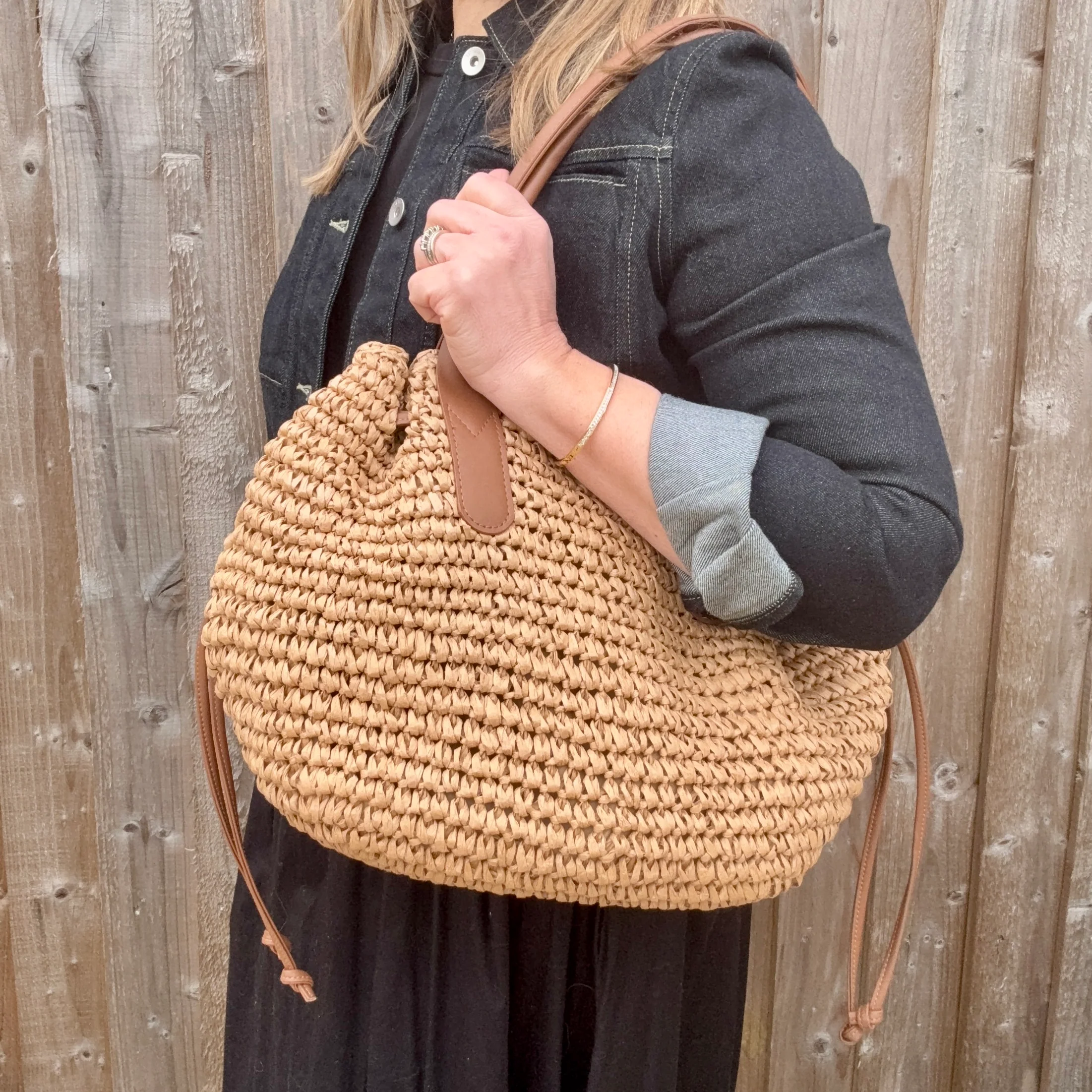 Beige Raffia Shoulder Bag with Drawstring Detail - Image 3