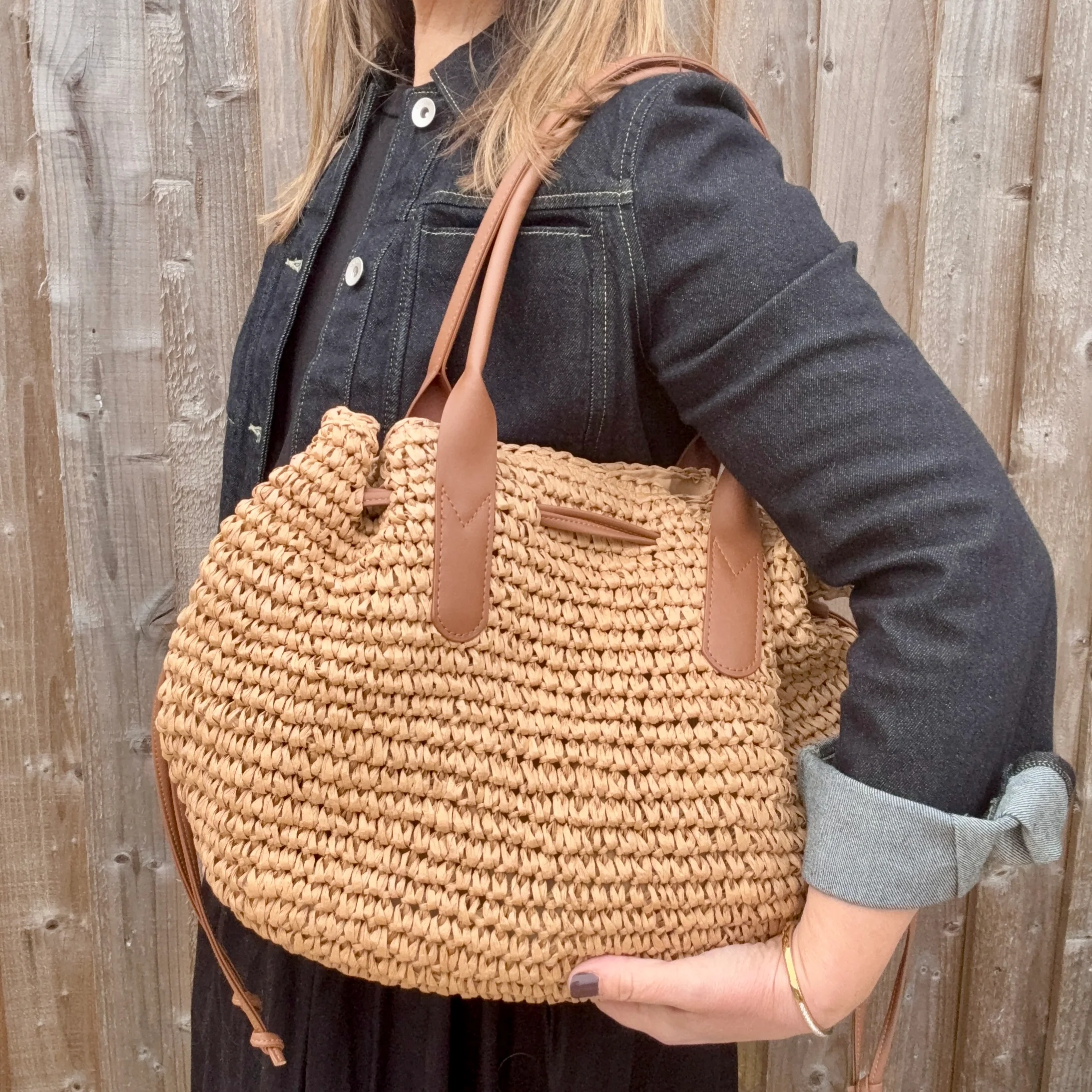 Beige Raffia Shoulder Bag with Drawstring Detail - Image 5