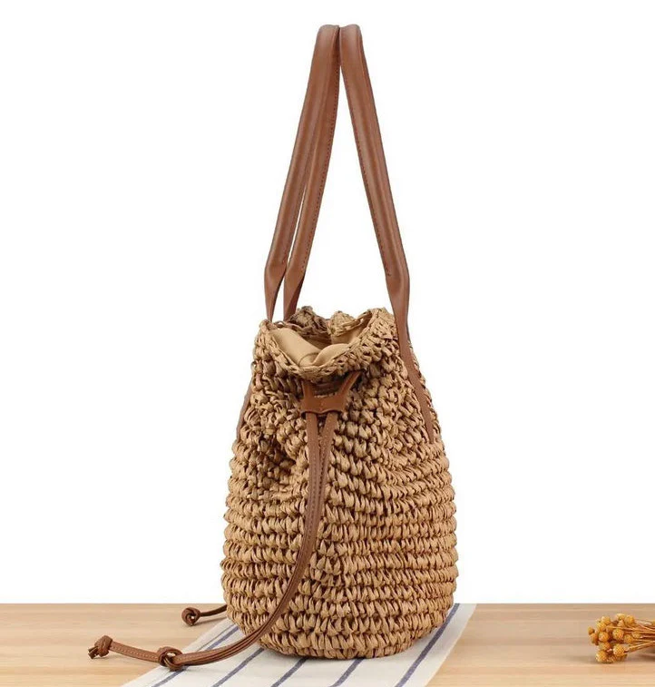 Beige Raffia Shoulder Bag with Drawstring Detail - Image 7
