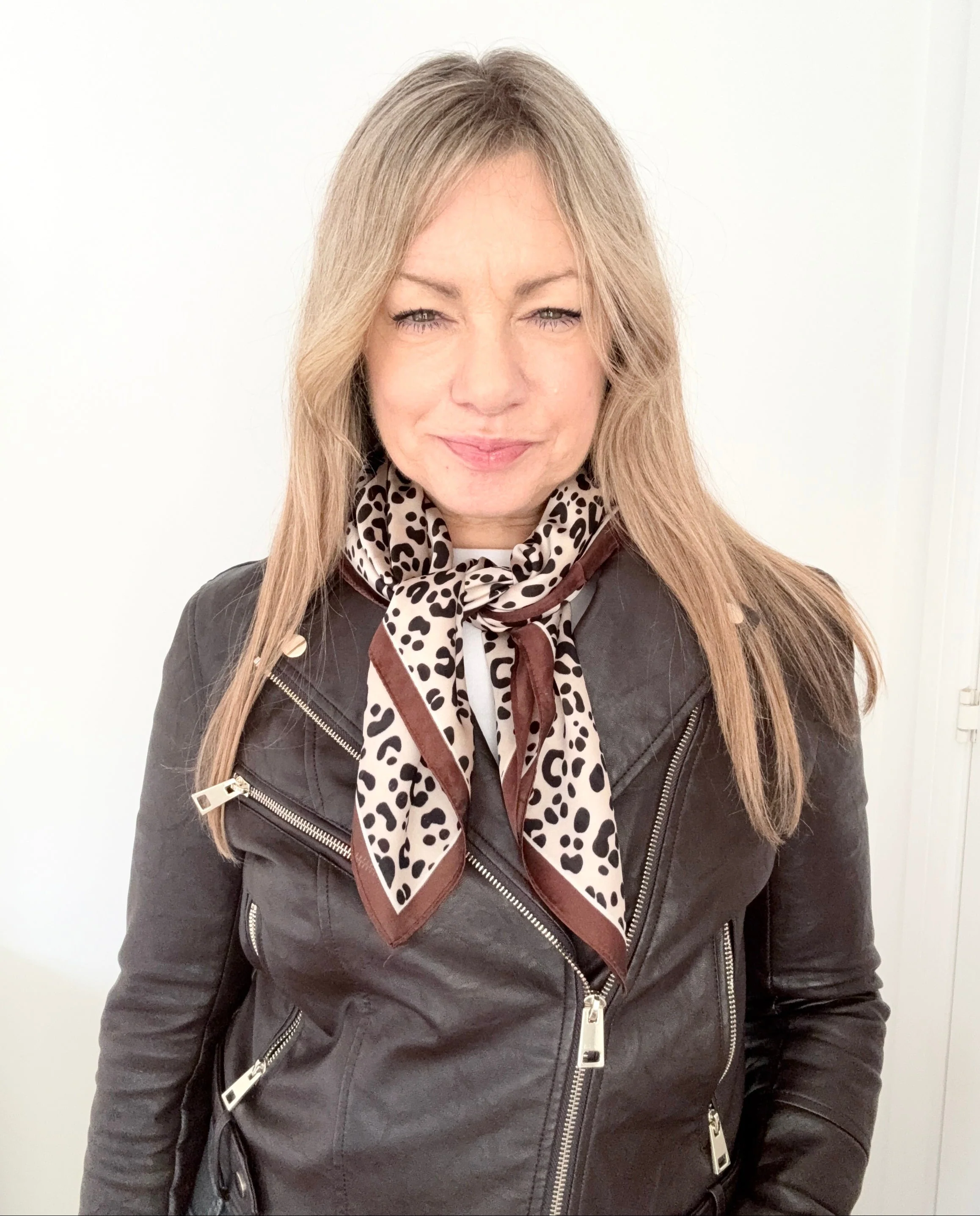 Black & Cream Animal Print Square Satin Scarf/ Necktie with Brown Border