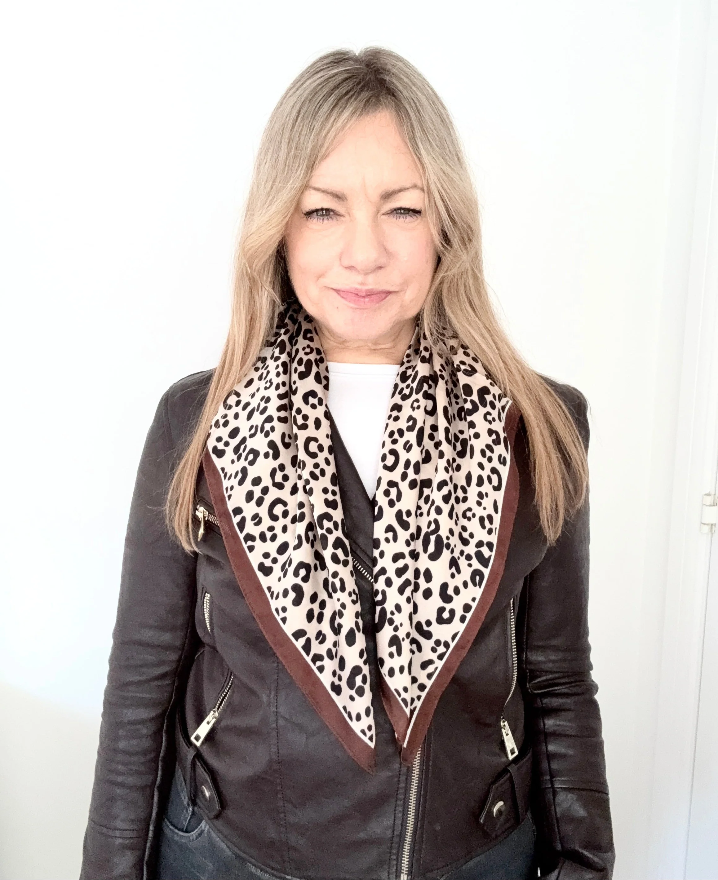 Black & Cream Animal Print Square Satin Scarf/ Necktie with Brown Border - Image 2