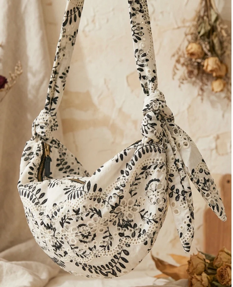 Black & Cream Embroidered Crossbody/ Shoulder Bag - Image 3