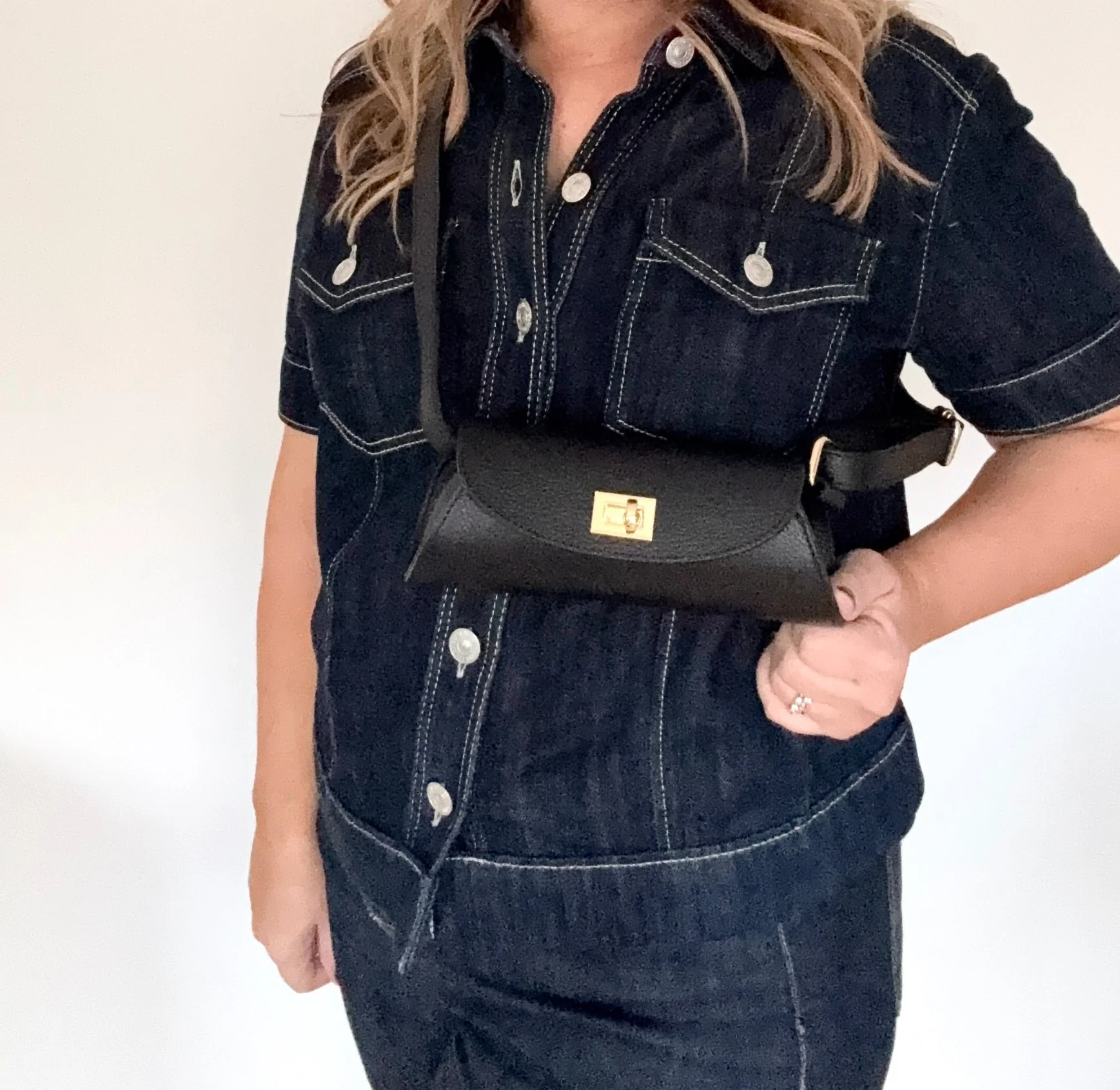 Black Leather Buckle Detail Crossbody Bag