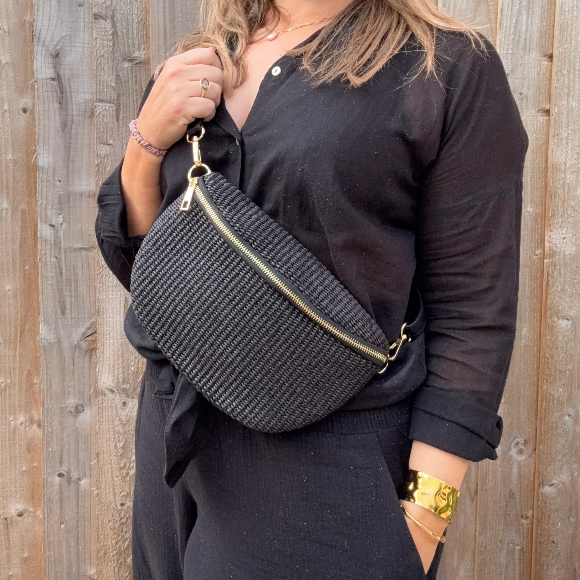 Black Raffia Large Crossbody / Waist Bag