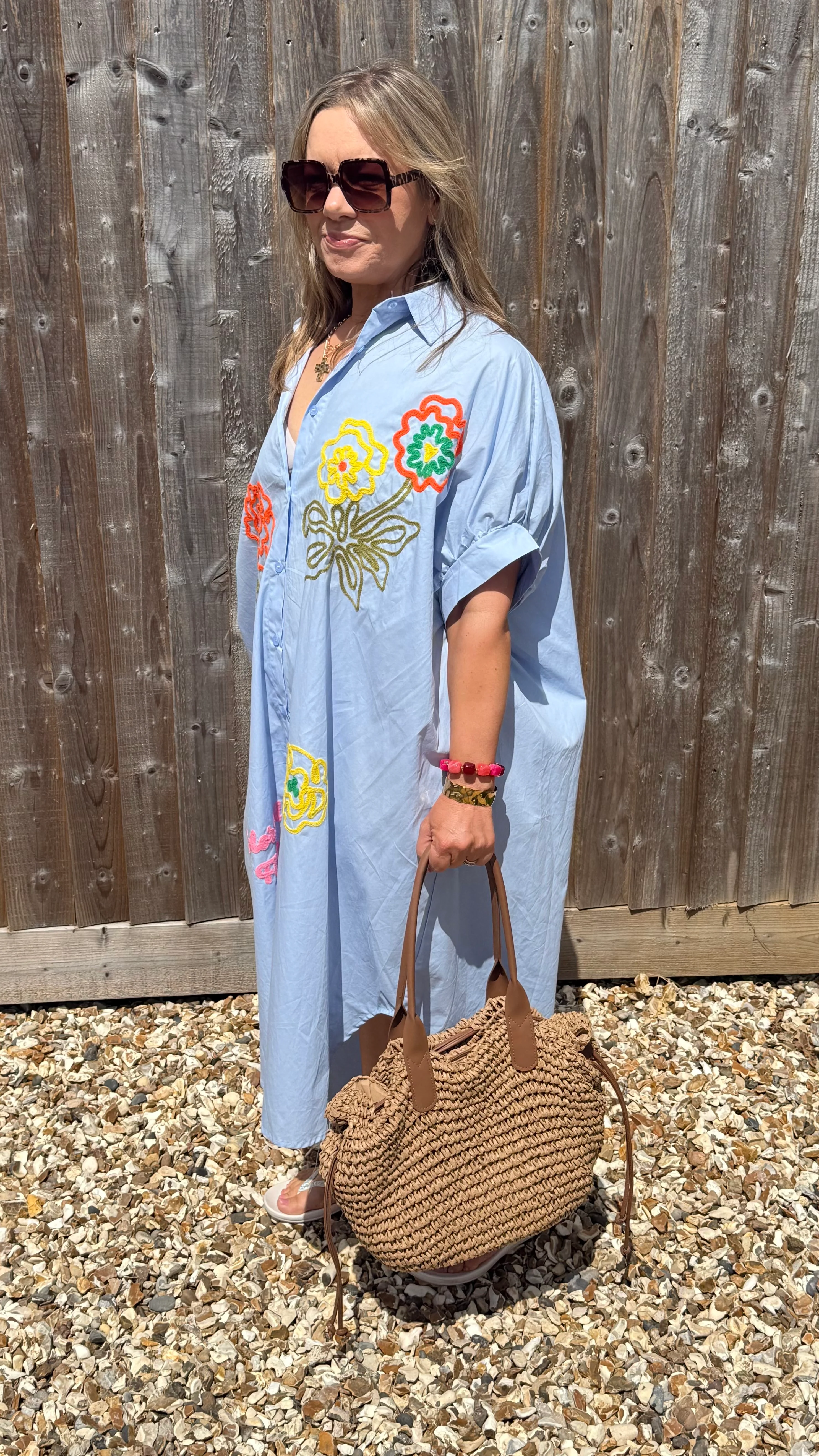 Blue Embroidered Flowers Beach Dress/ Kaftan - Image 4