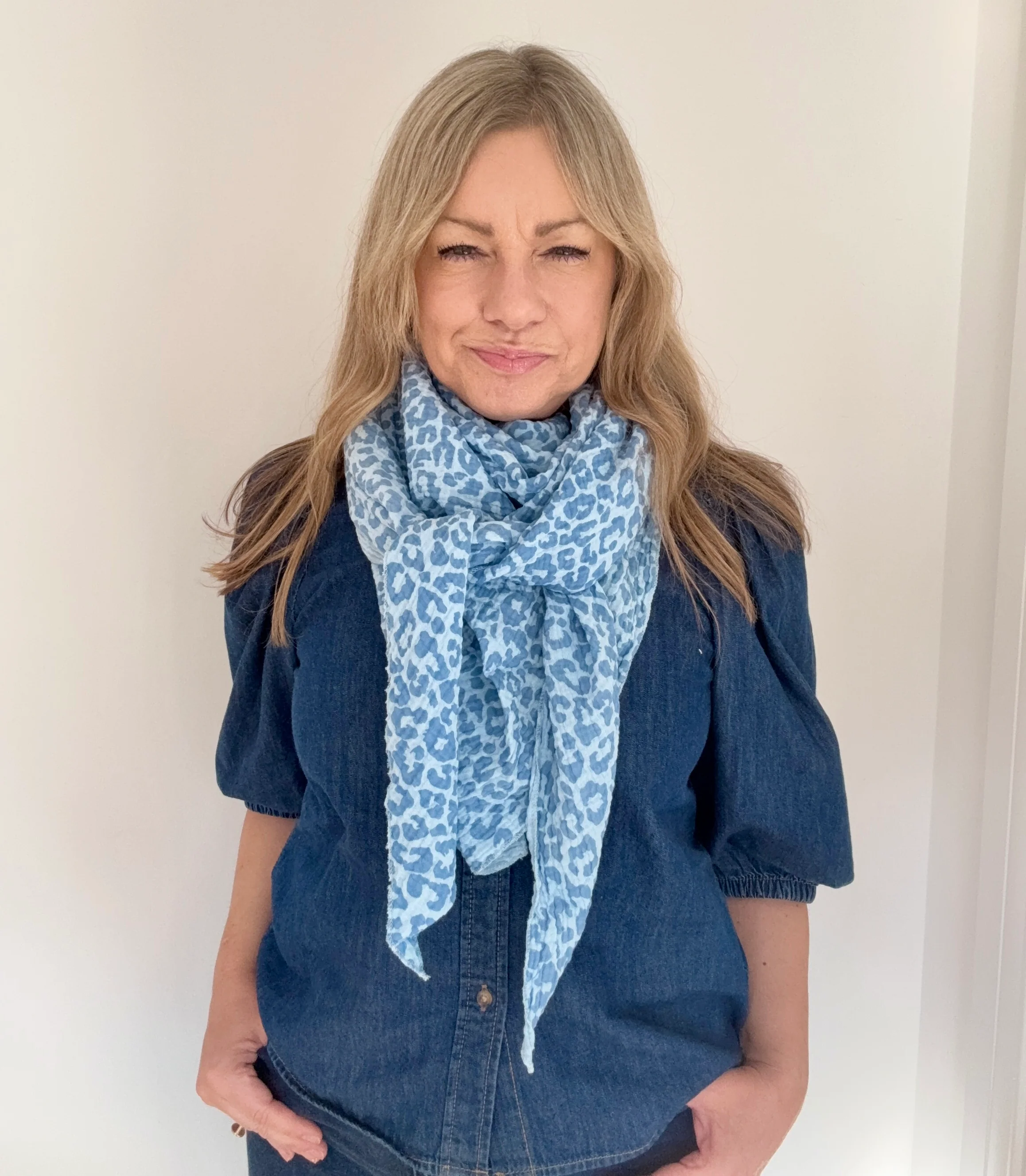 Blue Mix Leopard Print Cotton Triangle Scarf