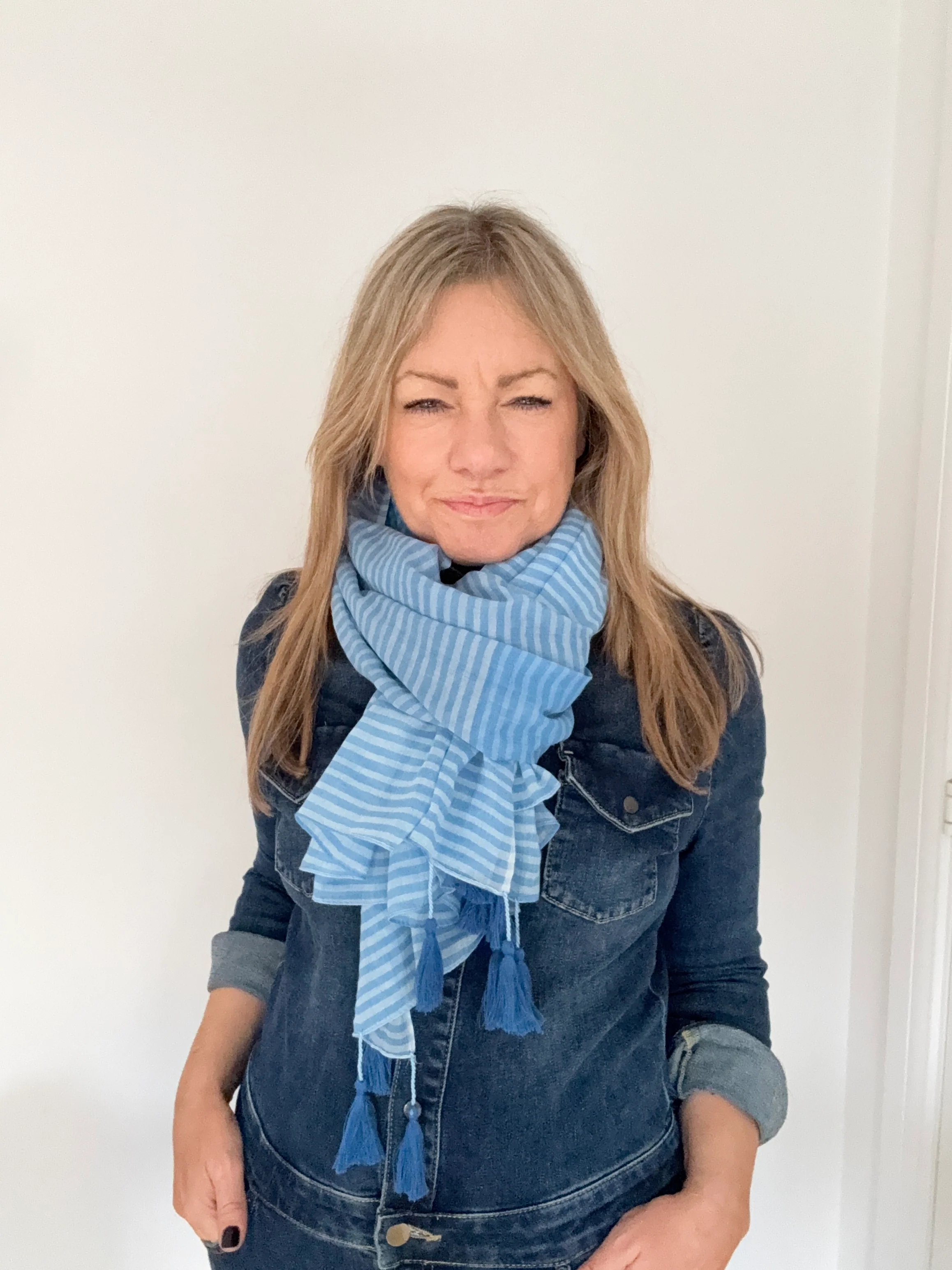 Blue Mix Stripe Lightweight Tassel Scarf