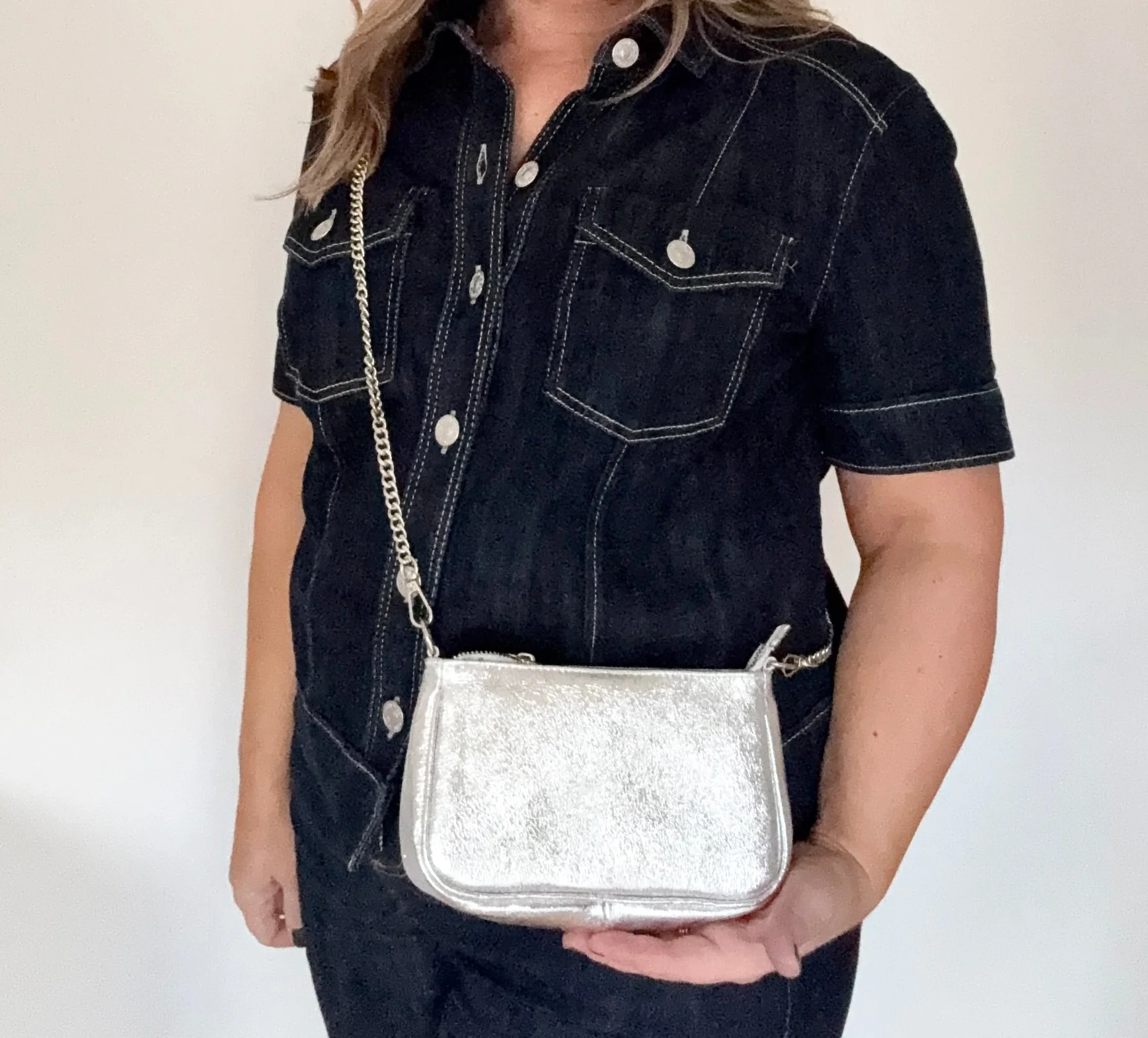 Silver Leather Clutch/ Crossbody Bag with Chain Strap