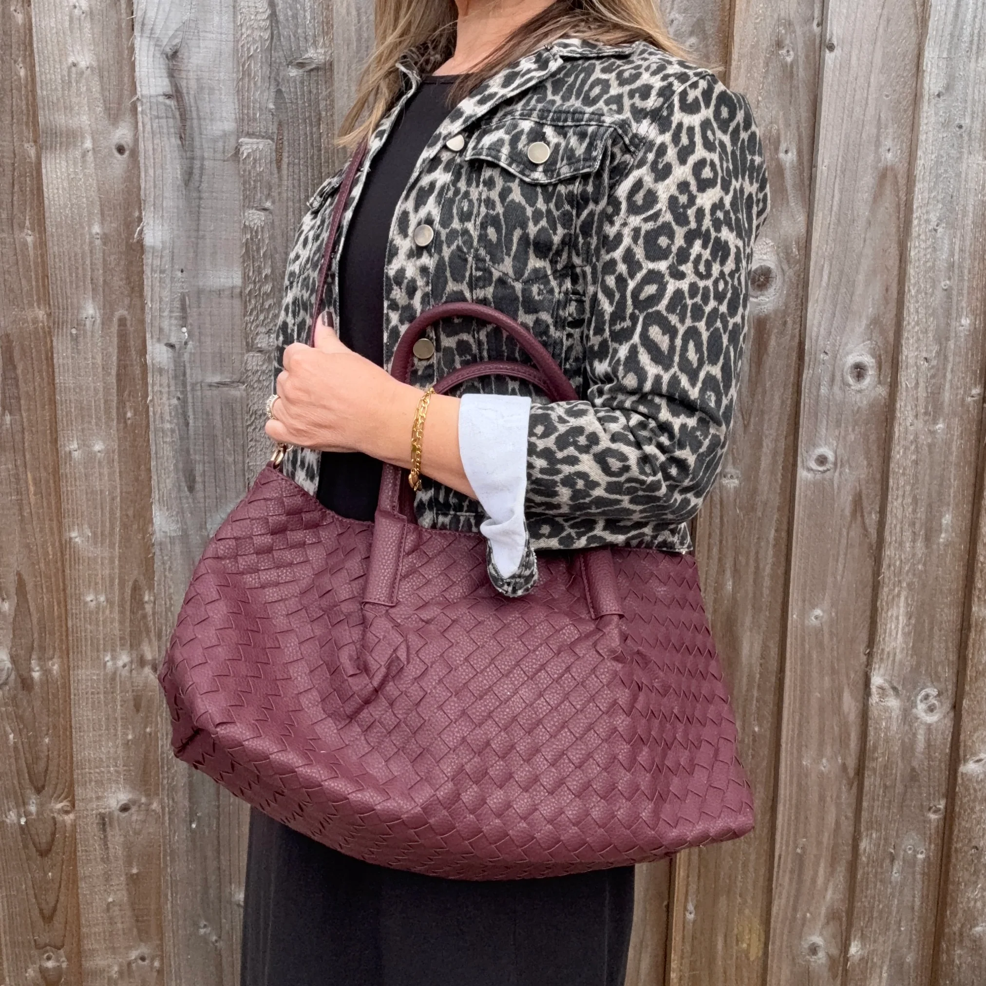Burgundy Faux Leather Weave Tote/ Crossbody Bag - Image 4