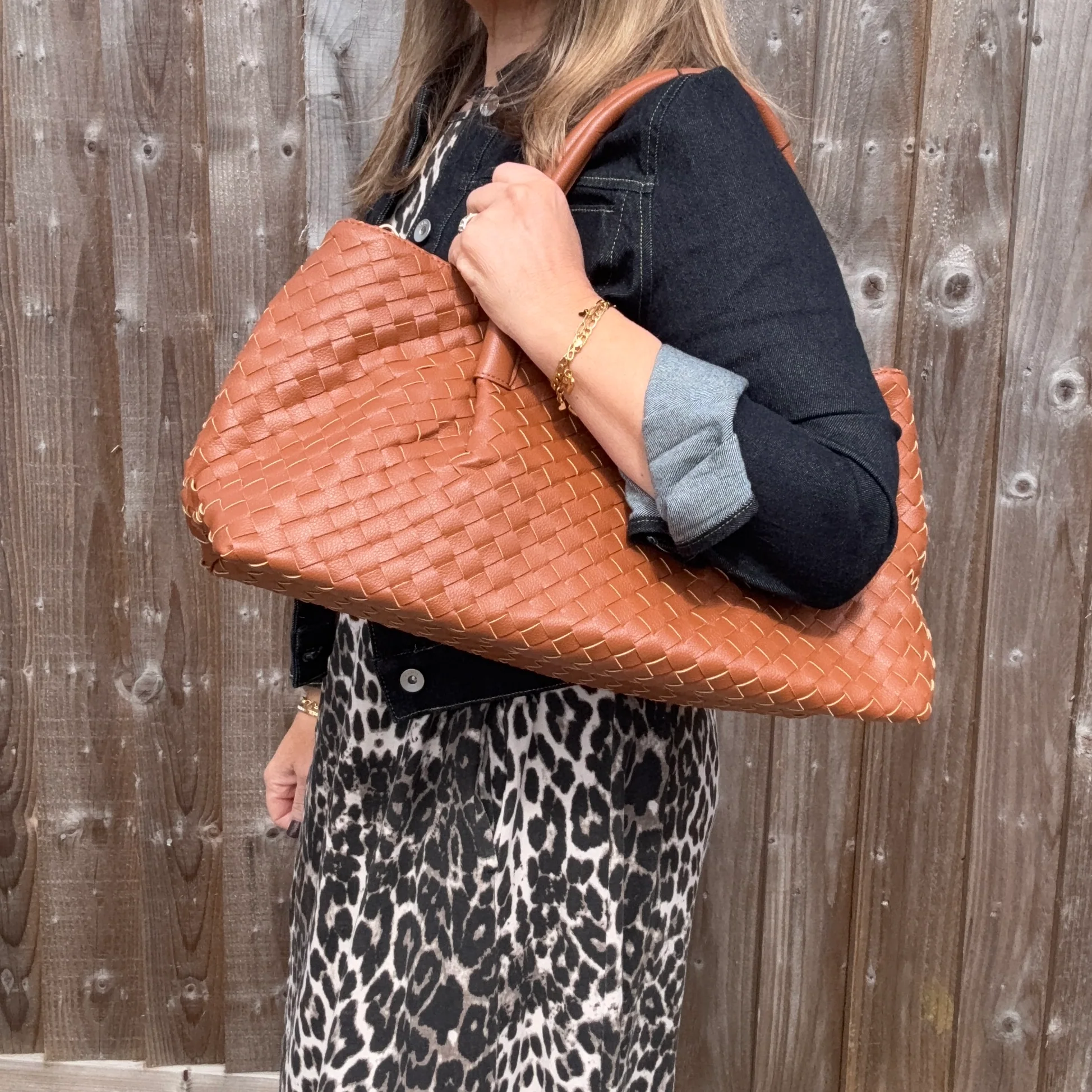 Dark Tan Faux Leather Weave Tote/ Crossbody Bag - Image 3