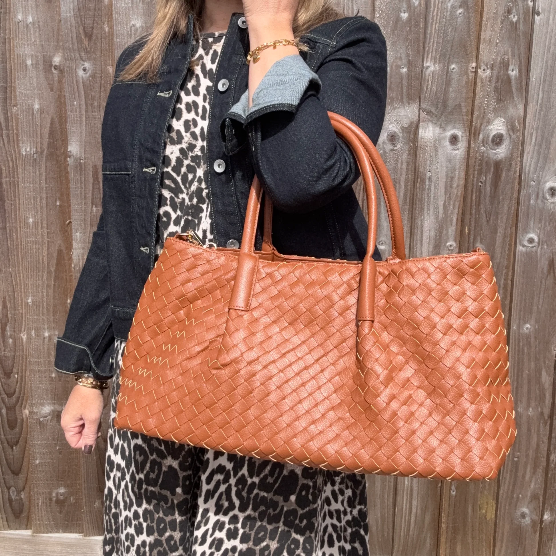Dark Tan Faux Leather Weave Tote/ Crossbody Bag - Image 4