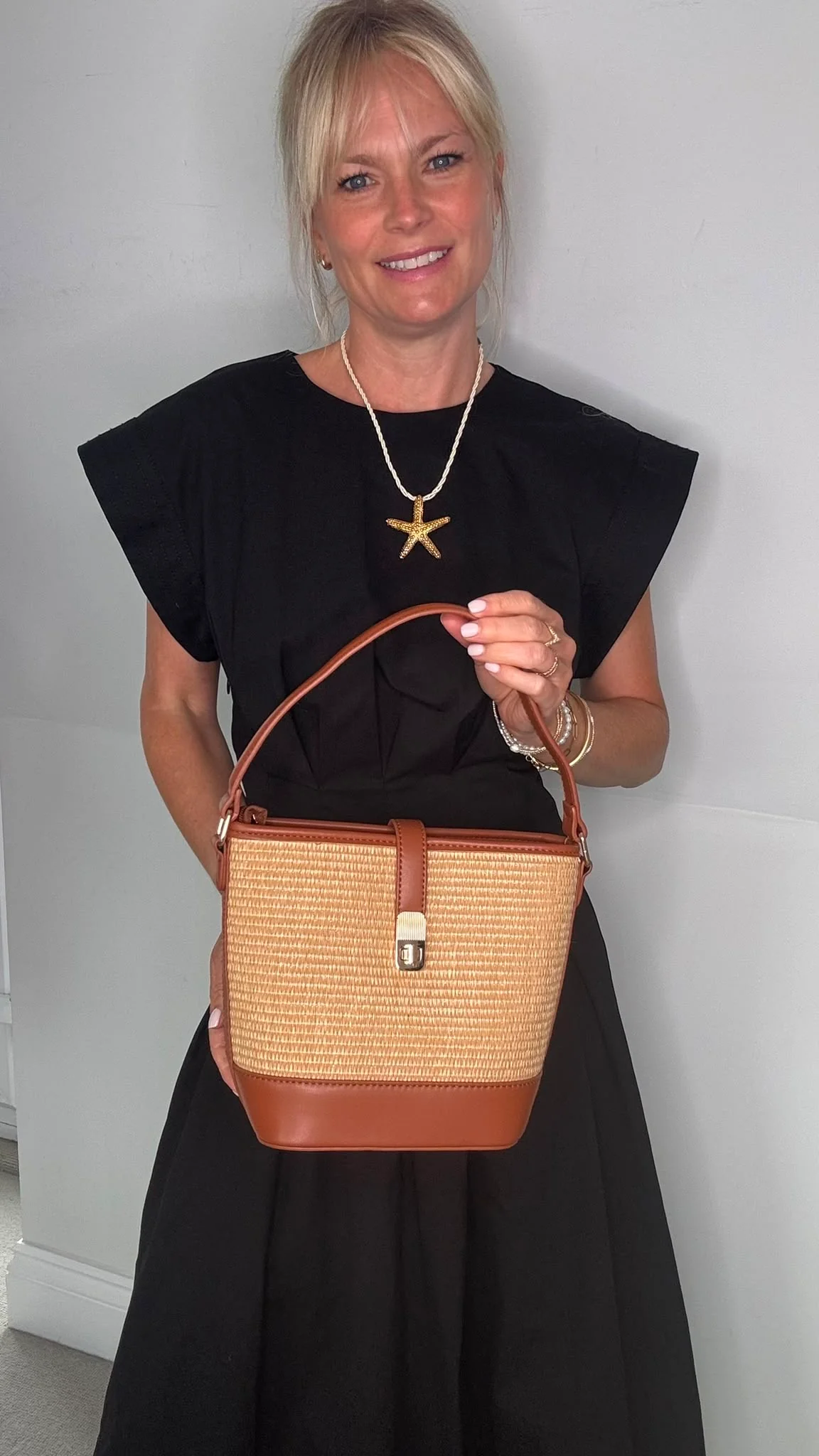 Dark Tan & Raffia Bucket Bag - Image 3