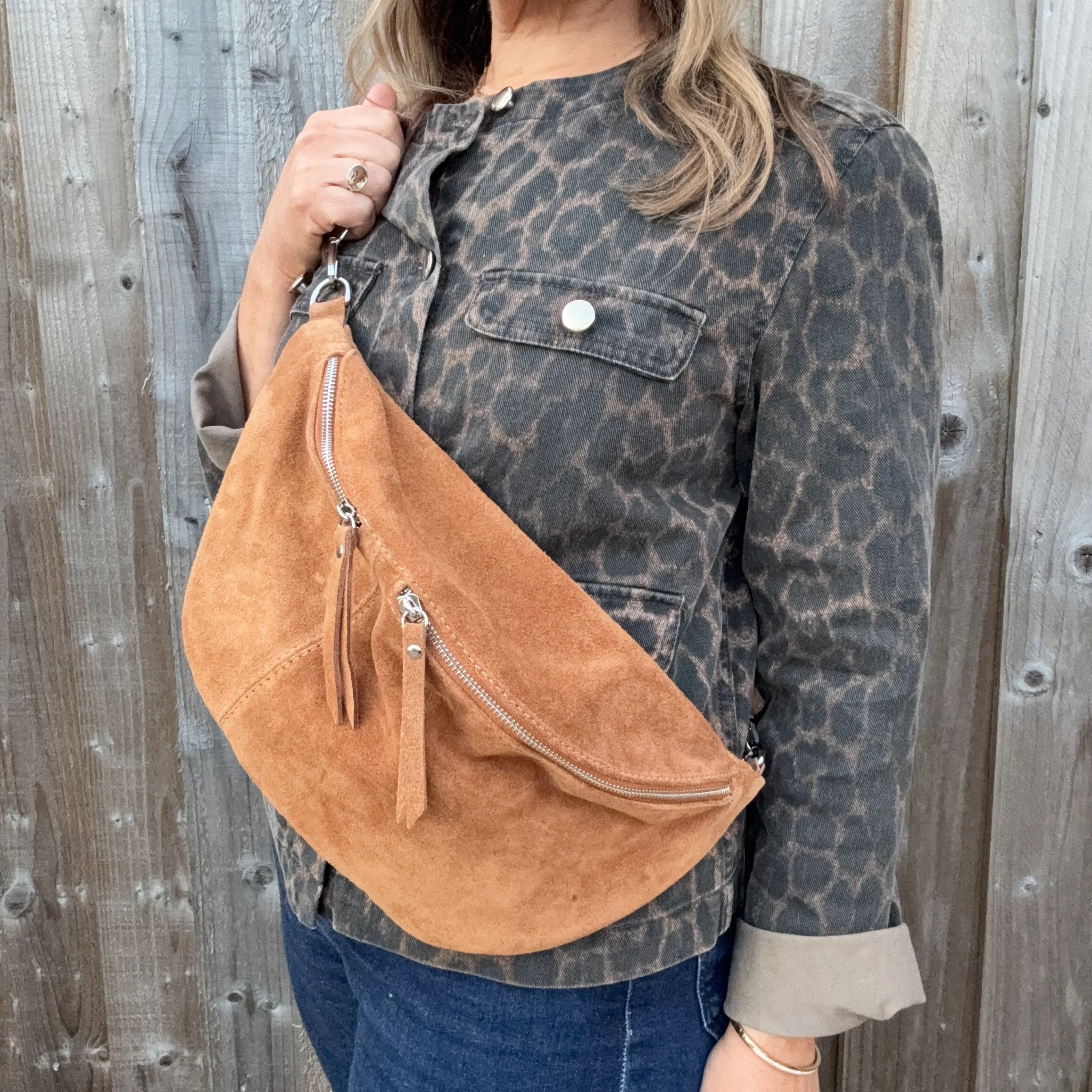 Dark Tan Suede Large Crossbody Bum Bag