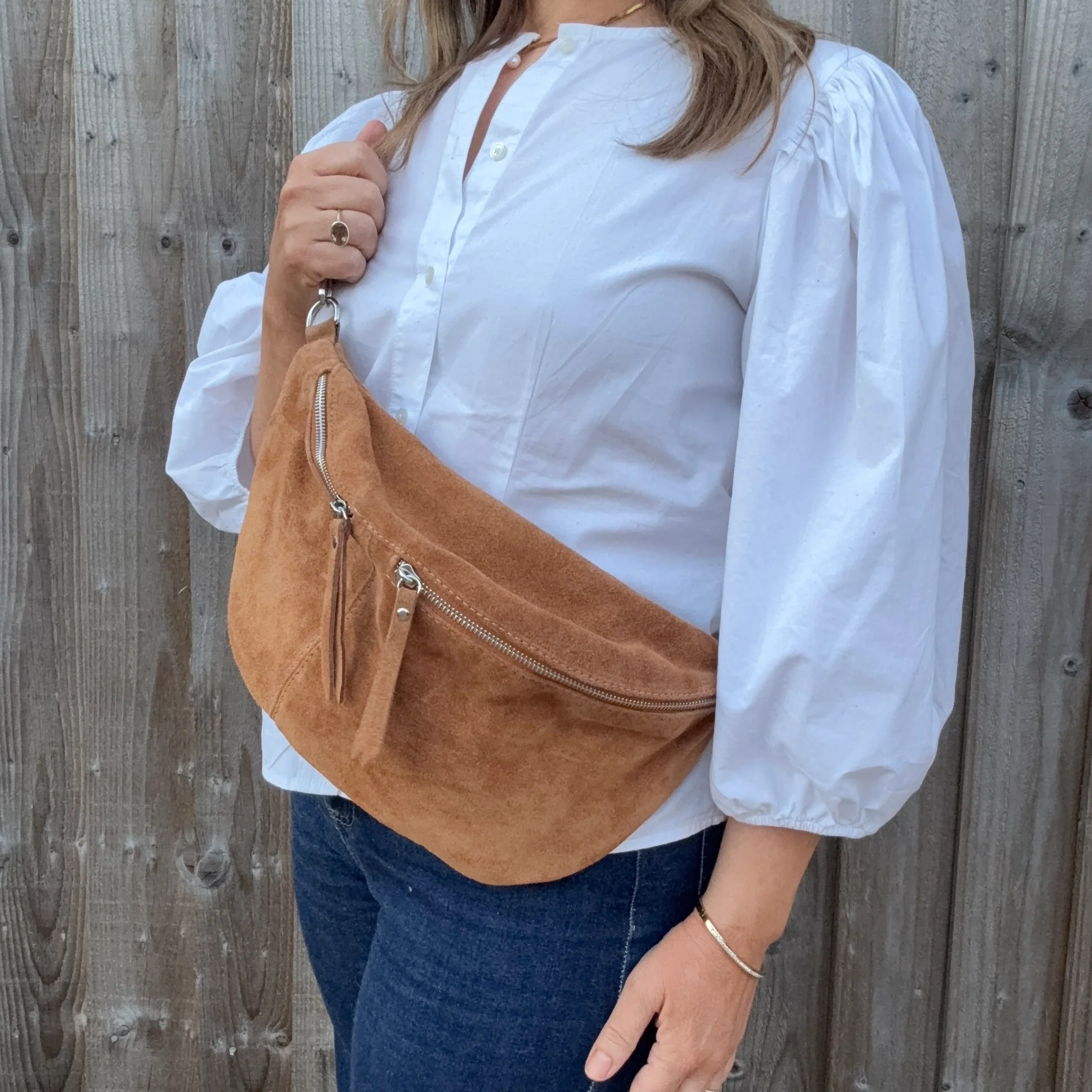 Dark Tan Suede Large Crossbody Bum Bag - Image 3