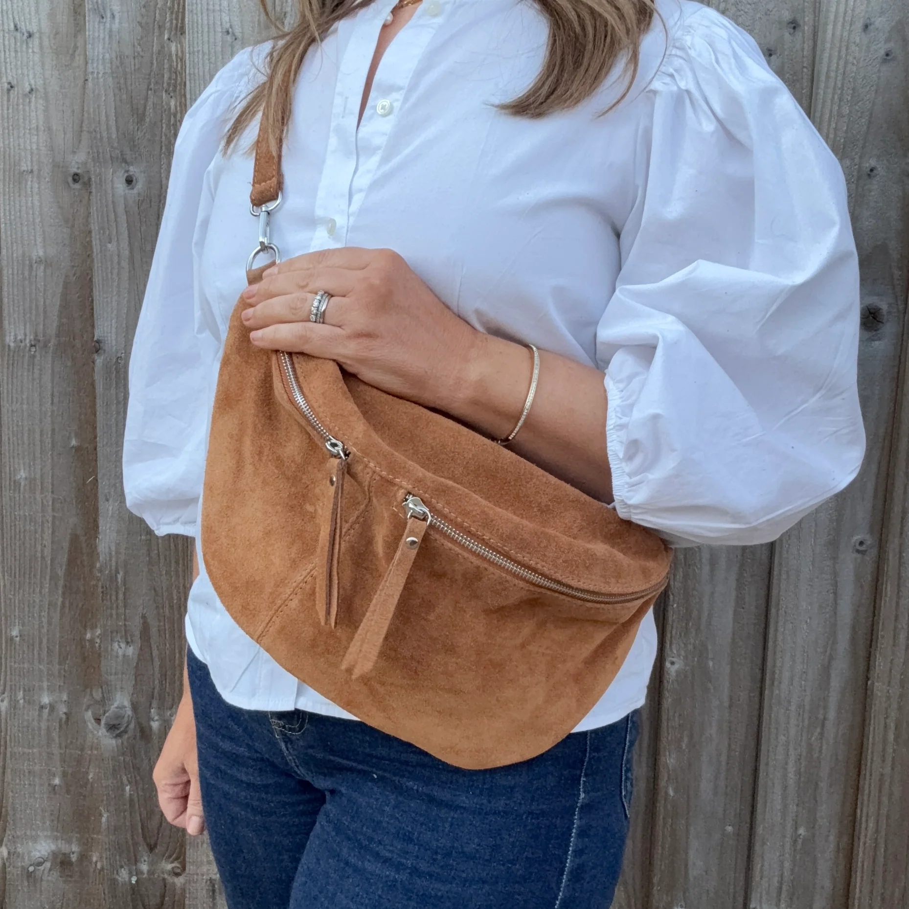 Dark Tan Suede Large Crossbody Bum Bag - Image 4