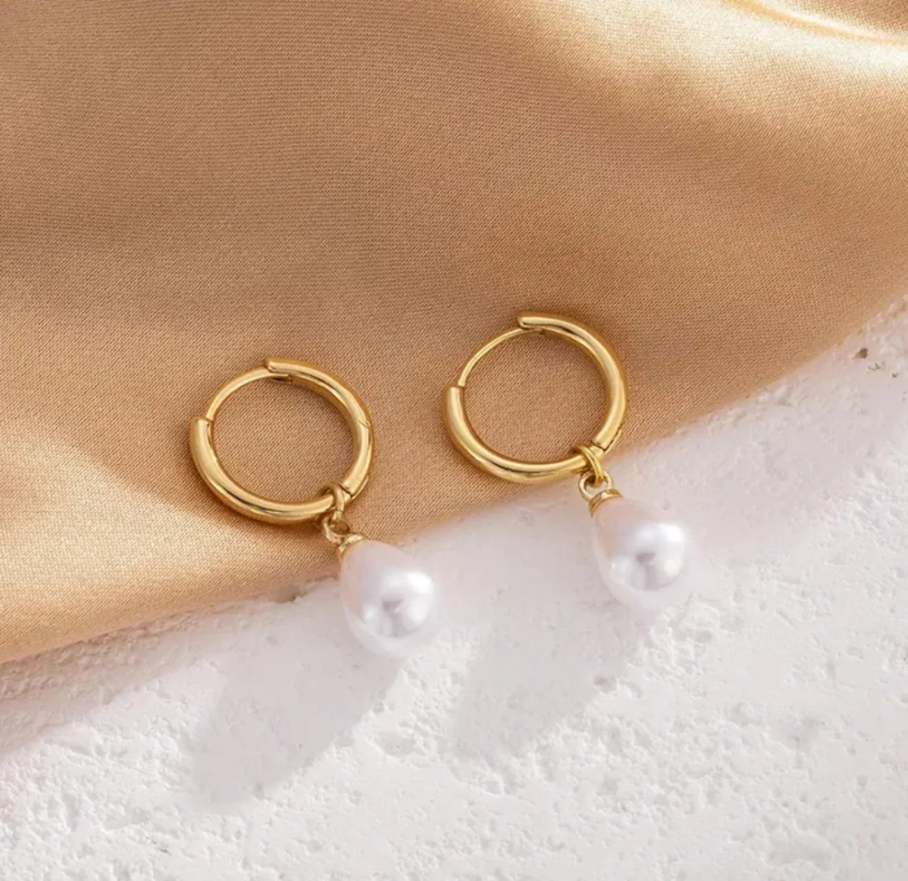 Gold Pearl Drop Hoop Huggies