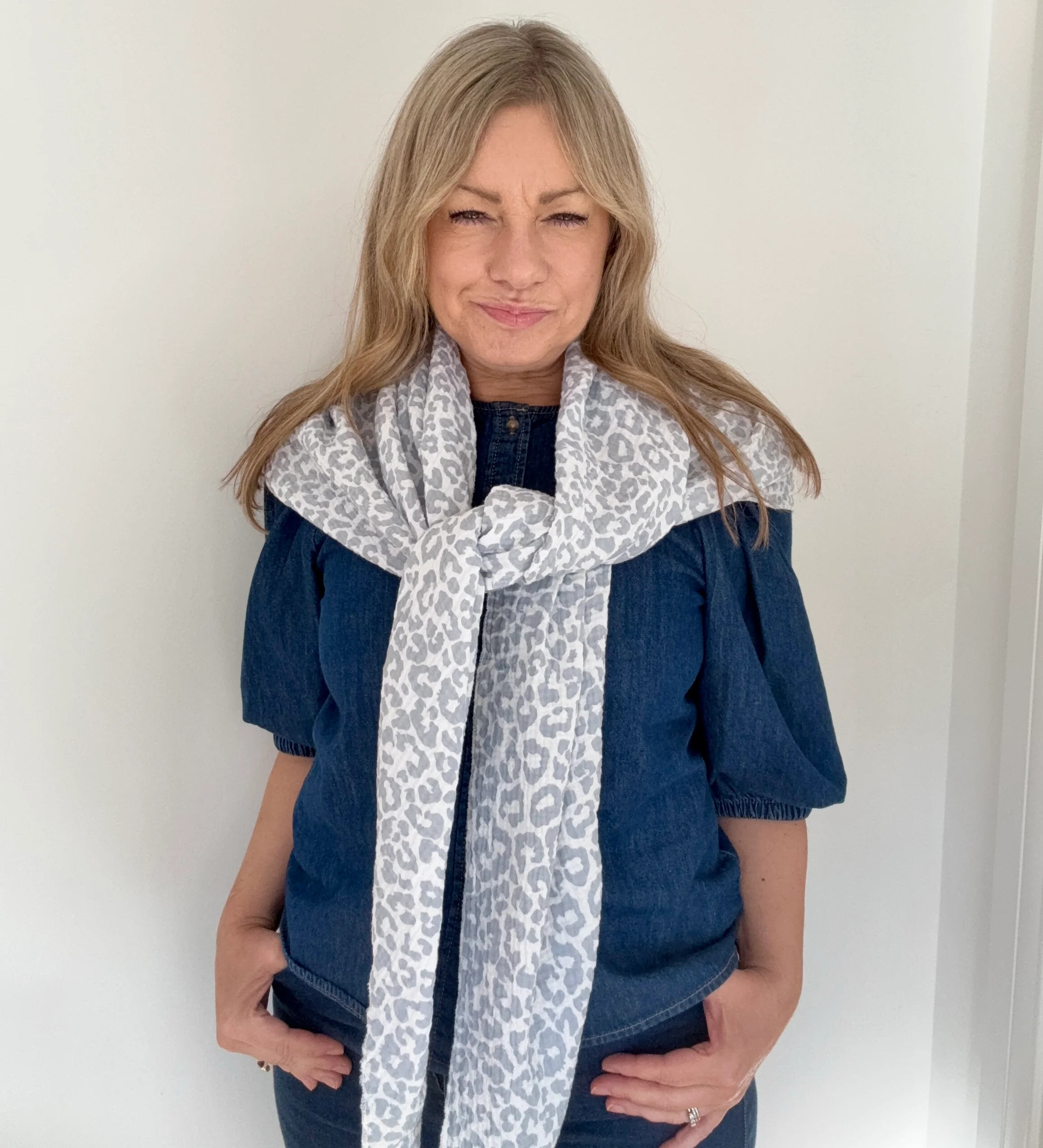 Grey & White Leopard Print Cotton Triangle Scarf