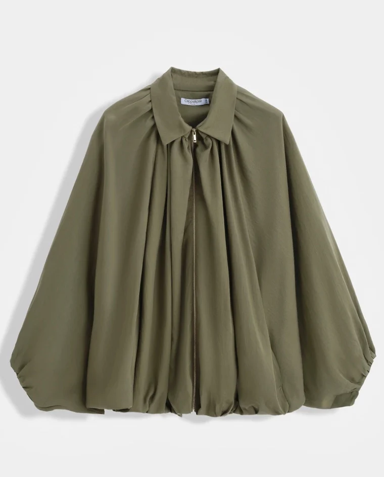 Khaki Bubble Hem Flowy Bomber Jacket - Image 3