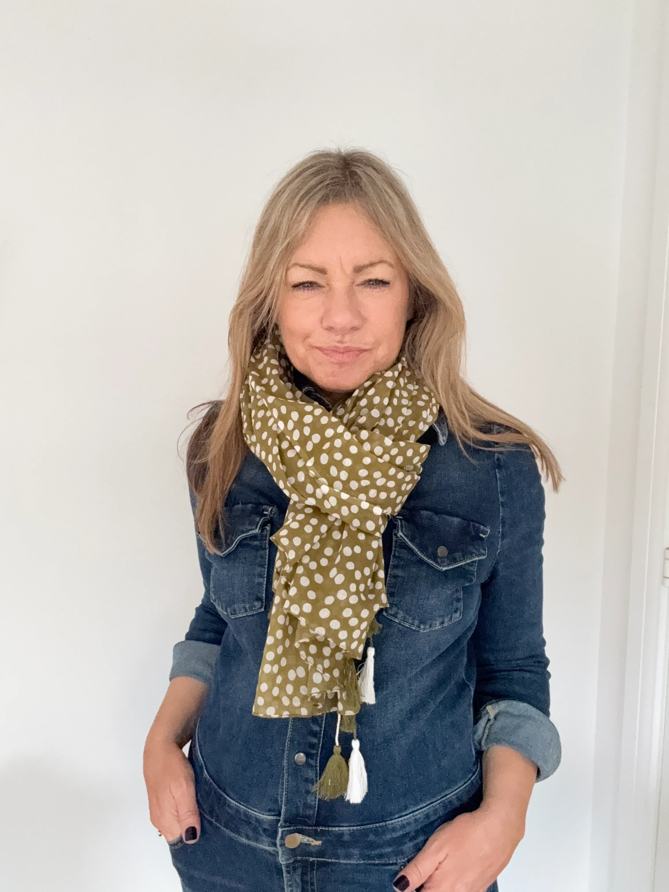 Khaki & White Spot Lightweight Tassel Scarf