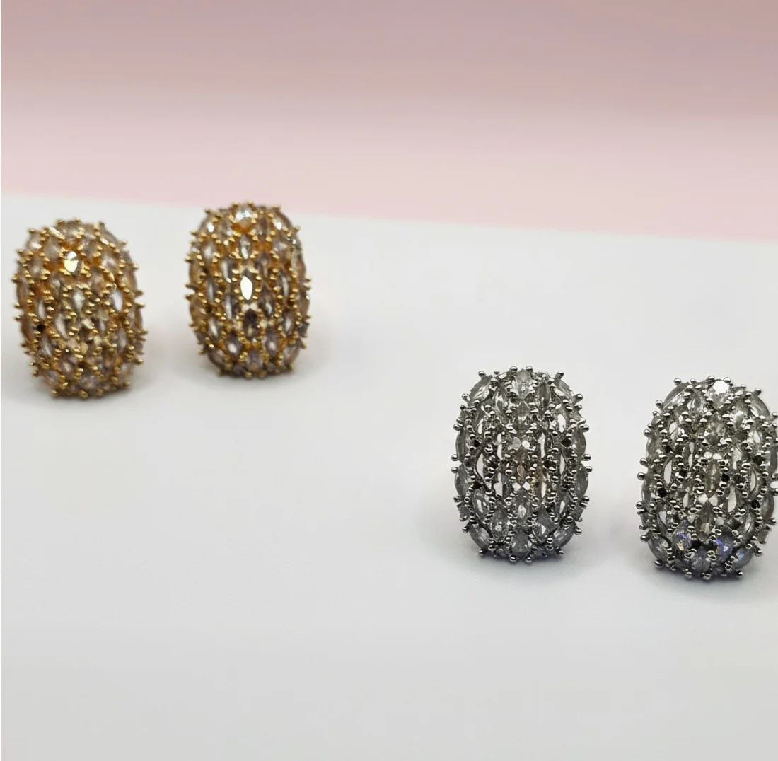 Silver Crystal Curved Stud Earrings - Image 2