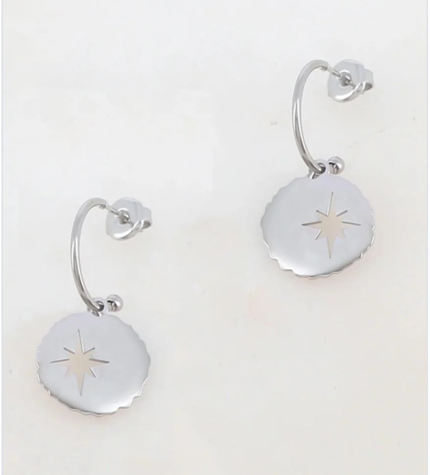 Silver Star Disc Hoop Earrings