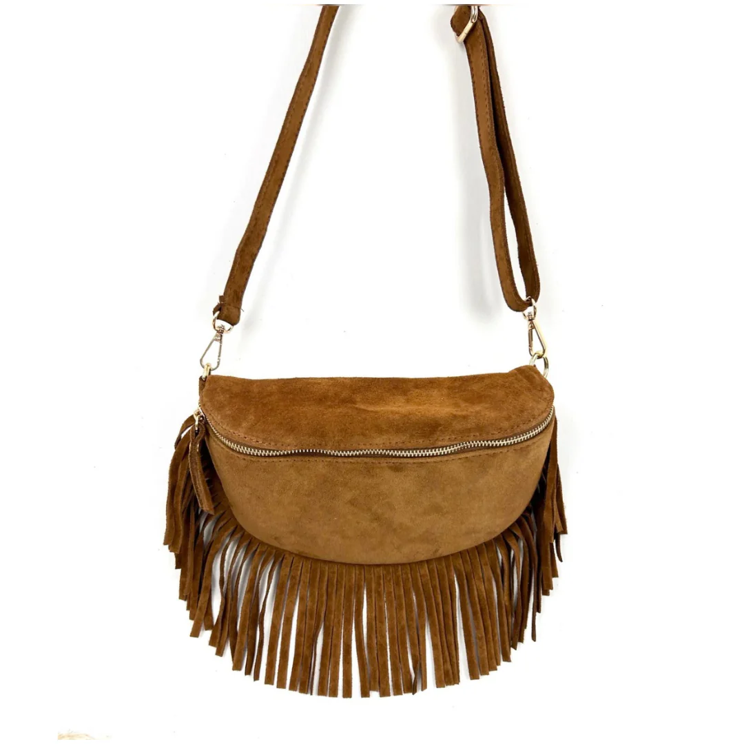 Suede Large Dark Tan Fringed Crossbody/ Waist Bag - Image 4