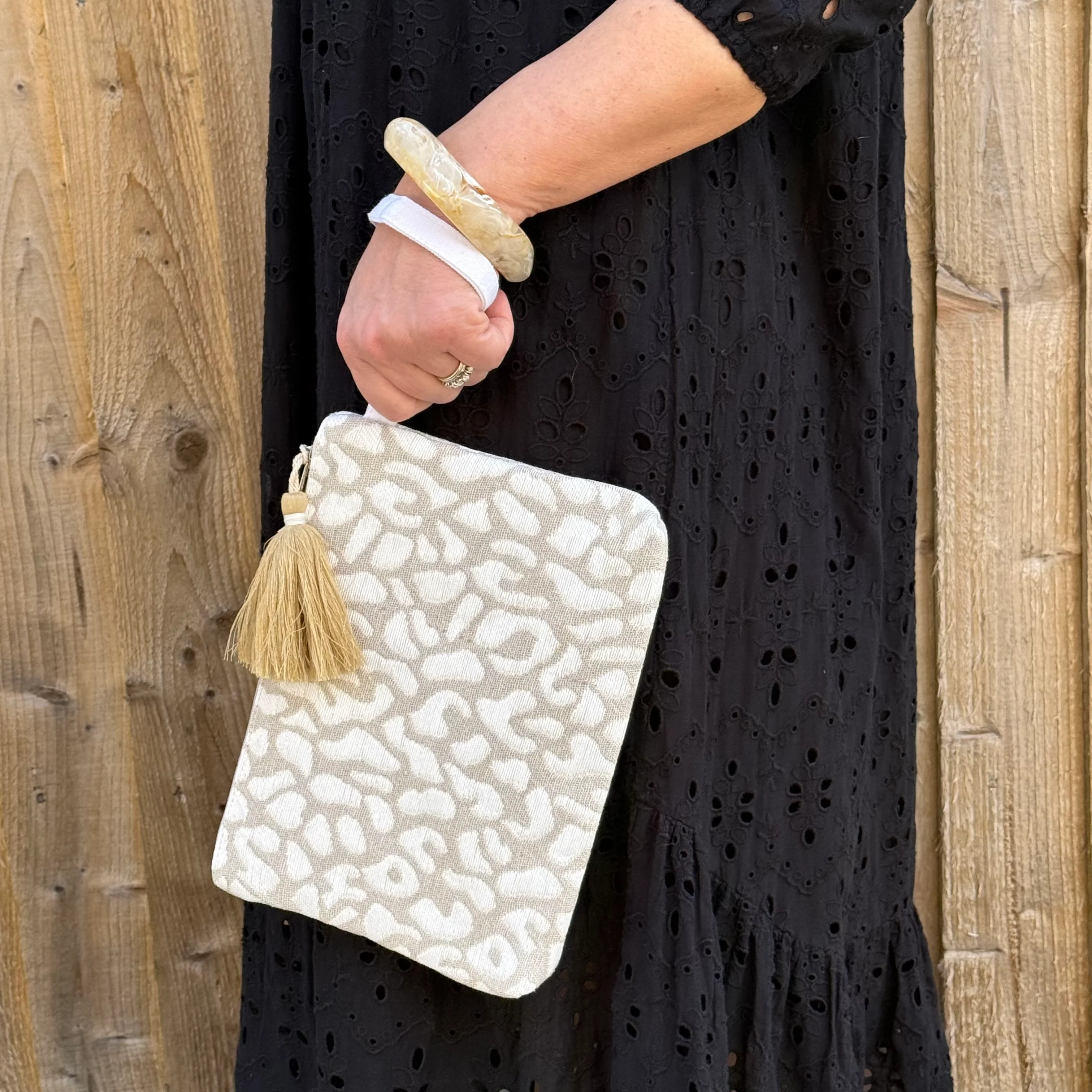 Taupe & Ecru Leopard Print Clutch Bag with Wrist Strap - Image 3