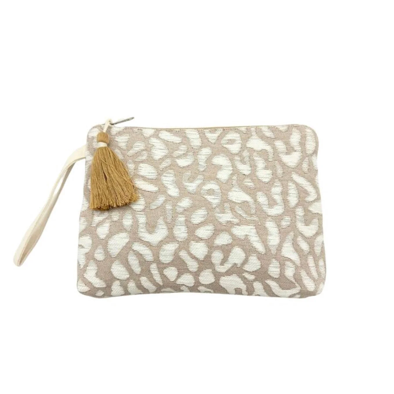 Taupe & Ecru Leopard Print Clutch Bag with Wrist Strap - Image 4