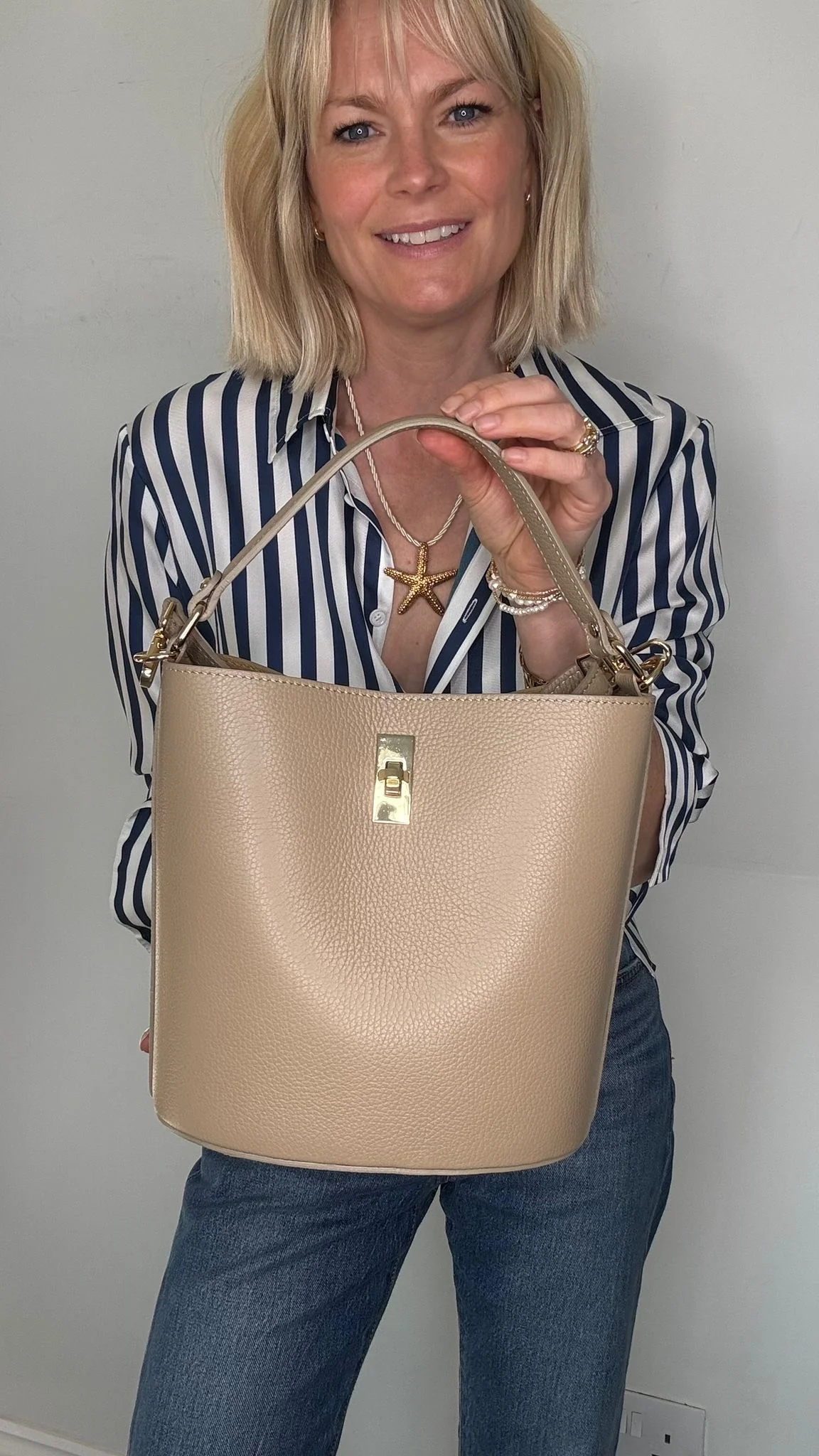 Light Taupe Leather Bucket Bag - Image 3