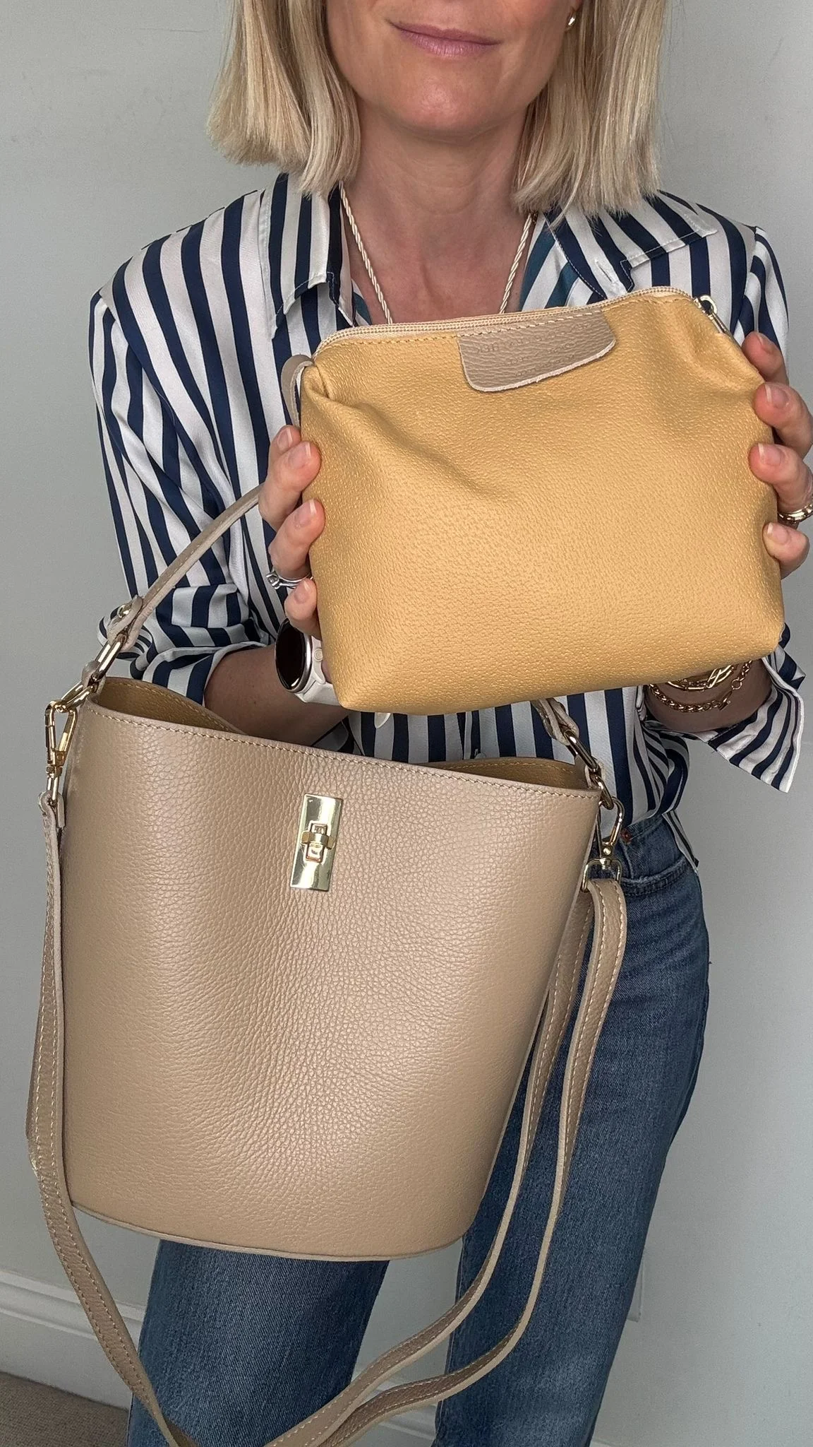 Light Taupe Leather Bucket Bag - Image 4