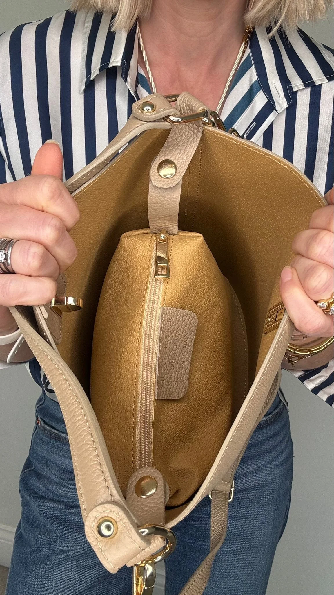 Light Taupe Leather Bucket Bag - Image 5