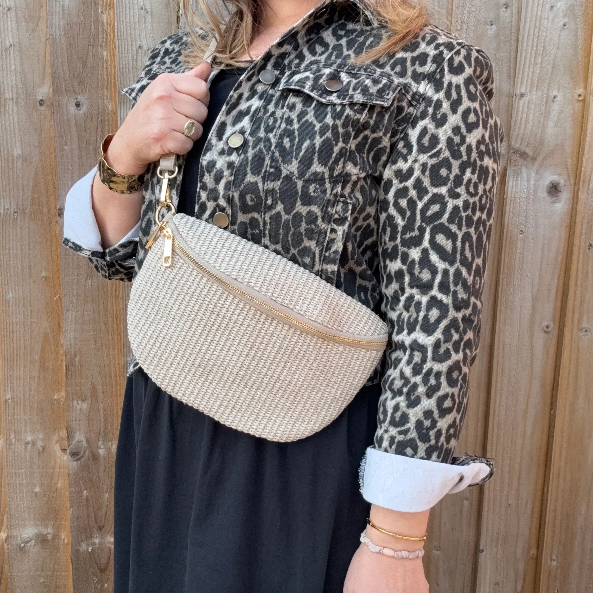Taupe Raffia Large Crossbody / Waist Bag