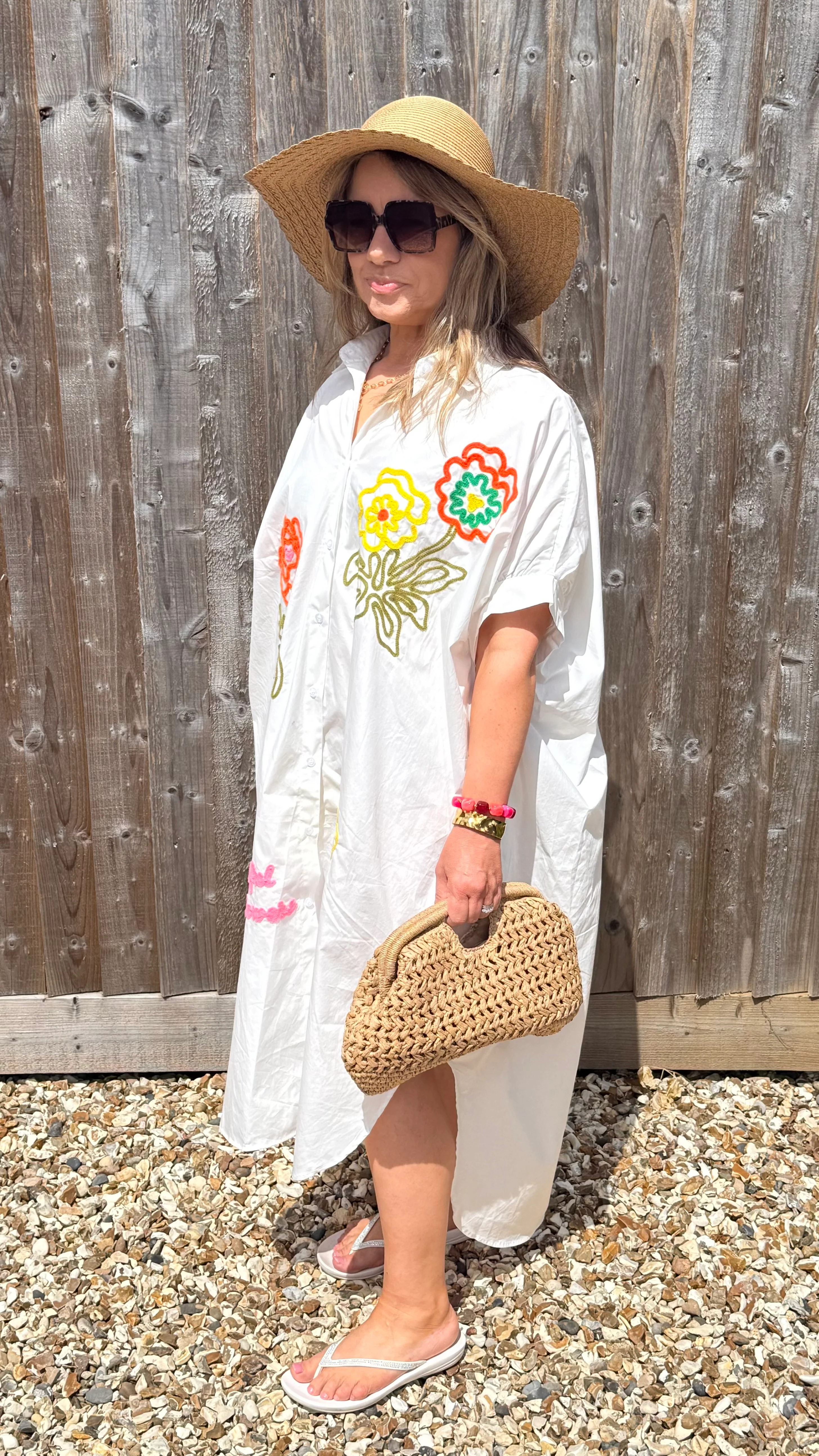 White Embroidered Flowers Beach Dress/ Kaftan - Image 3