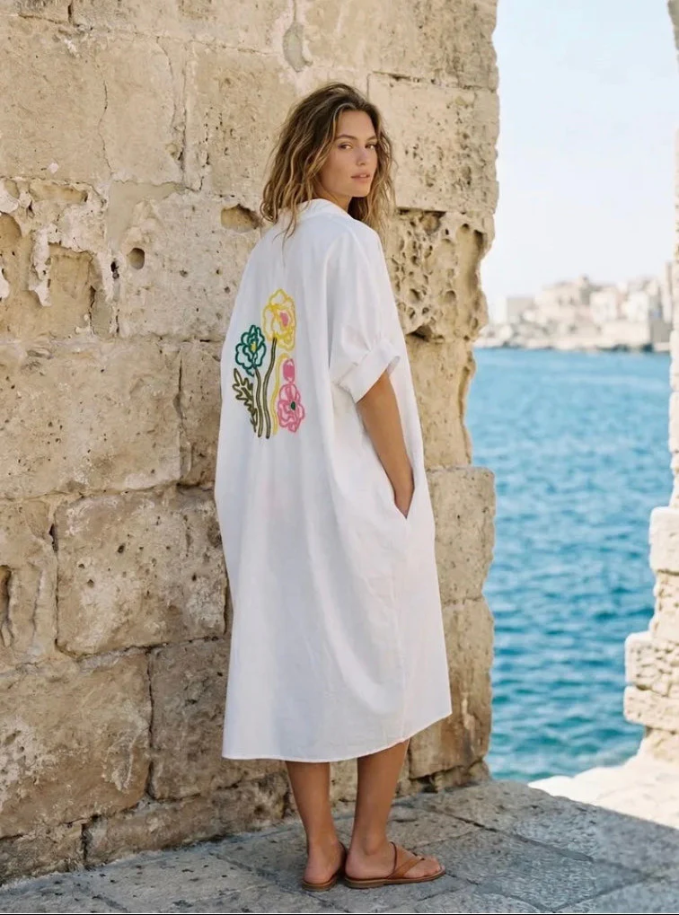 White Embroidered Flowers Beach Dress/ Kaftan - Image 7